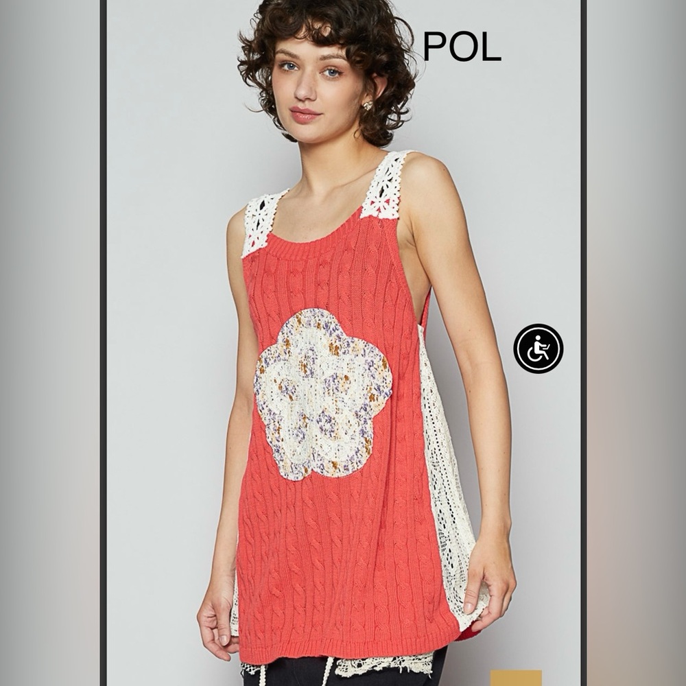 POL Coral Knit Tank Top with Floral Appliqué and Cream Lace Trim Size M